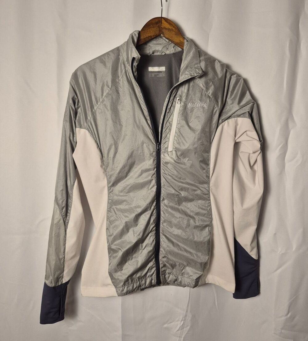 MARMOT Athletic Track Jacket Women's Size S Gray White Full Zip Windbreaker
